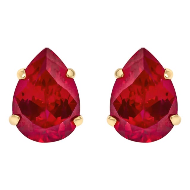 18K Yellow Gold 5X7 MM Created Pear Ruby Solitaire Stud Earrings, Pair For Sale