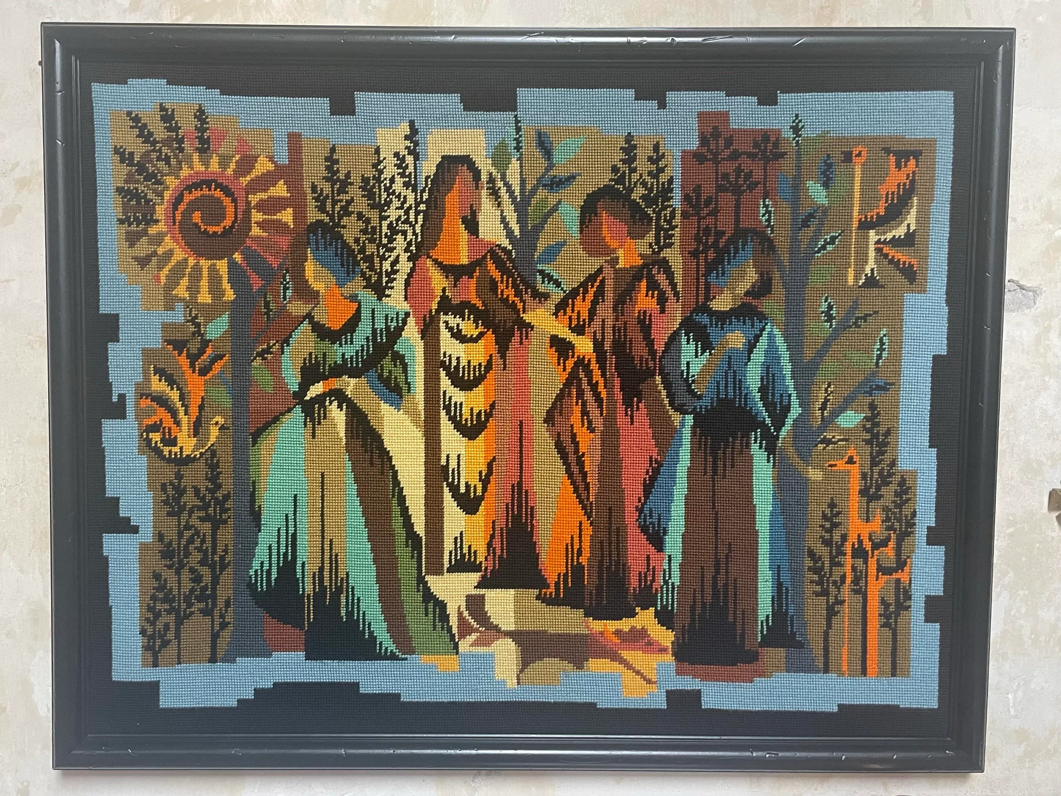 Vintage 1970s French Surrealist Quatre Saisons Framed Needlepoint