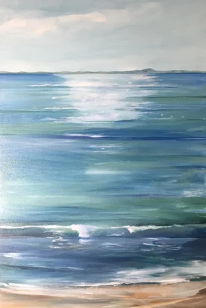 Ocean Modern Blue Painting on Canvas Titled “Island View 1” by Michele Zuzalek