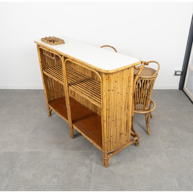 Bamboo and Rattan Cabinet Bar with Stools attributed to Tito Agnoli, Italy, 1950s, Set of 3 For Sale - Image 16 of 18