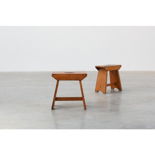 Rustic Pine Stool with Cut-Out Trestle Legs, Sweden, 1920 For Sale - Image 10 of 17