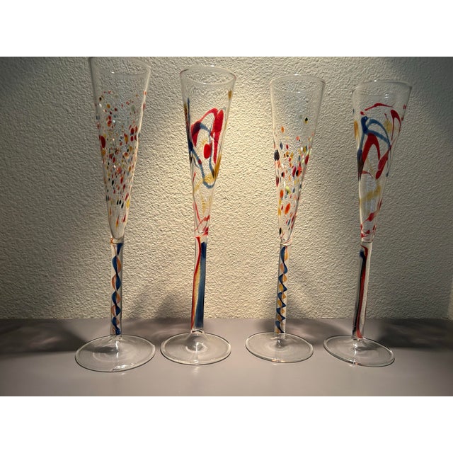 Late 20th Century Hand Blown Art Glass Champagne Flutes - Colorful Confetti & Swirl Stem - Modern Decorative - Set of 4 For Sale - Image 4 of 5