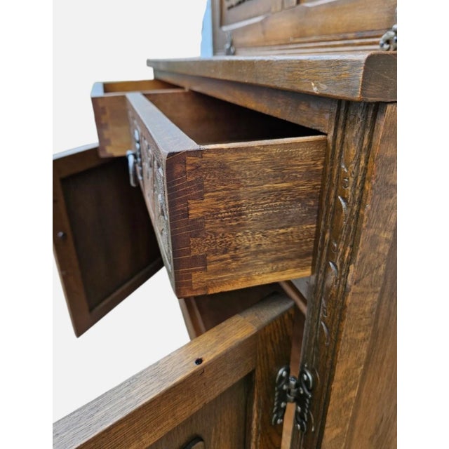 Vintage Oak Wood Bros Desk Cabinet Tudor Hutch Bookshelf Old Charm Leaded Glass For Sale - Image 12 of 16