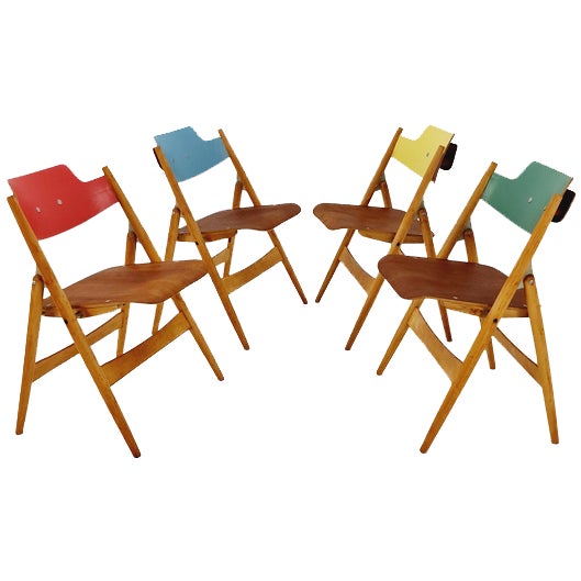 Model SE18 Austrian Folding Chair by Egon Eiermann for Wilde & Spieth, 1950s, Set of 4 For Sale