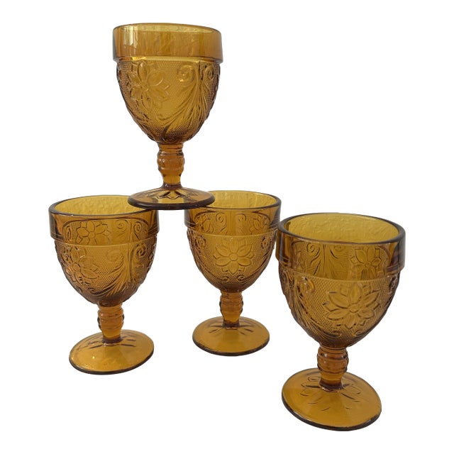 Vintage Indiana Glass Amber Tiara Goblets, Set of 4 For Sale