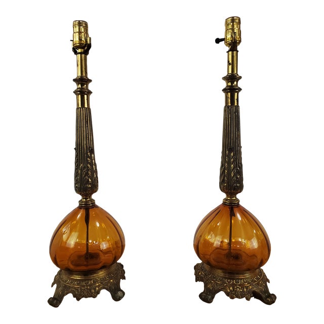 1960s Mid-Century Hollywood Regency Style Amber Glass Table Lamps - a Pair For Sale