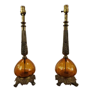 1960s Mid-Century Hollywood Regency Style Amber Glass Table Lamps - a Pair