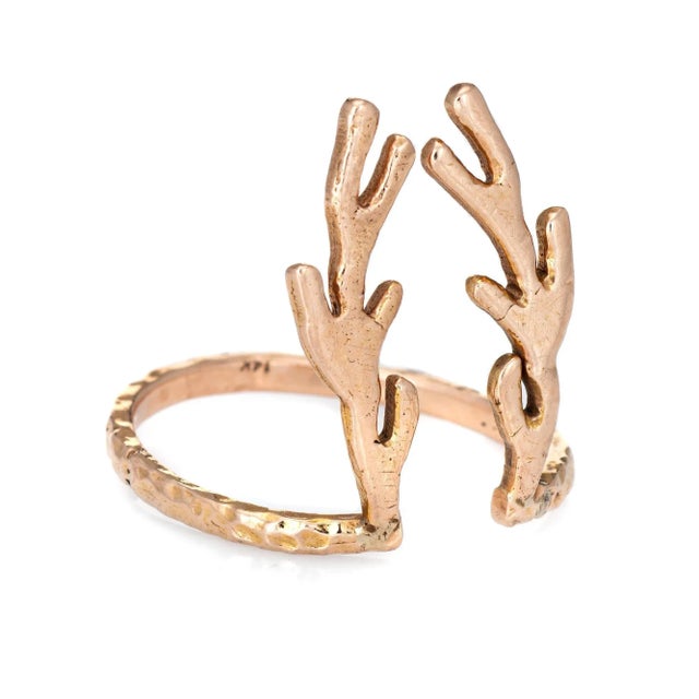 Modern Deer Antlers Ring Estate 14k Rose Gold Vintage Fine Animal Horn Spike Jewellery size 7 For Sale - Image 3 of 7