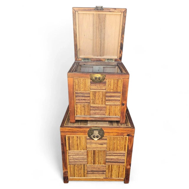 Set of Vintage Chinoiserie Split-Bamboo Woven Trunks/Chests With Brass Dragon/Phoenix Latches For Sale - Image 9 of 11