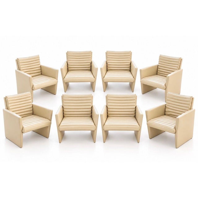 Set of 8 Preview Leather Dining/Arm Lounge Chairs, 1980’s Measures 32” tall 23” wide 23.5” deep seat height 18.5