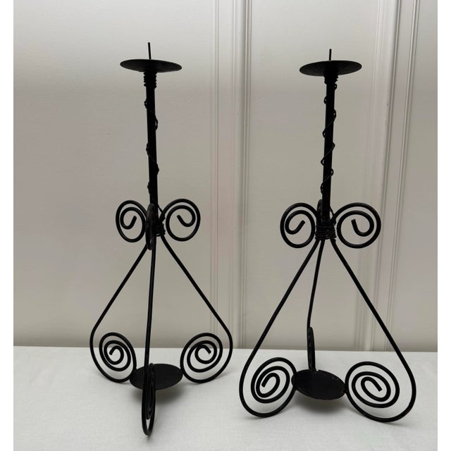 Vintage Spanish Mid Century Modern Black Iron Candle Holders, a Pair For Sale - Image 4 of 12