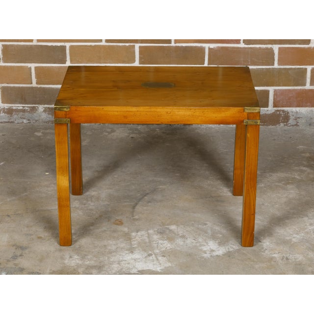 Early 20th Century English Campaign Yew Wood 1920s Side Table with Brass Accents and Straight Legs For Sale - Image 5 of 12
