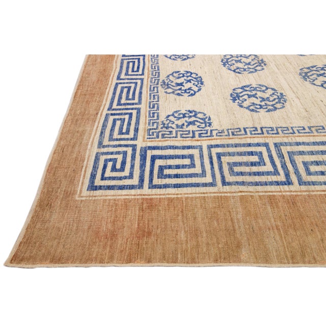 Modern Handmade Blue Greek Key Pattern Beige Oversize Wool Rug For Sale - Image 10 of 11