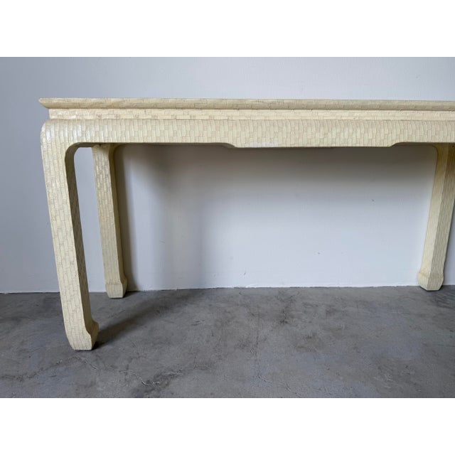 Vintage Baker Furniture Asian Style Console Table With Ivory Raffia / Grasscloth Textured Finish For Sale - Image 10 of 12