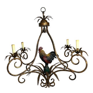 Large Late 20th Century French Country Style 4-Light Rooster Chandelier For Sale