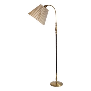 Modern Scandinavian Floor Lamp in Brass with Dark Brown Leather Trim, Swedish, 1950s For Sale