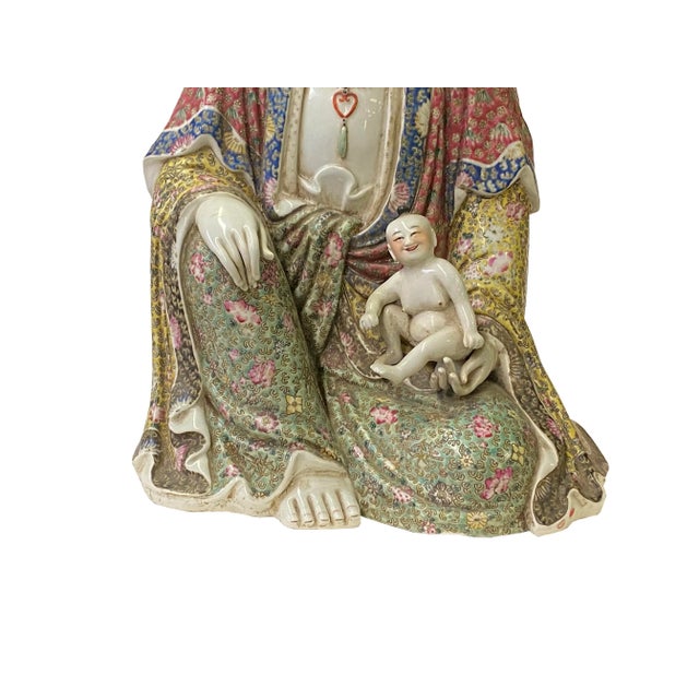 Pink Vintage Chinese Fujian Multi Color Porcelain Kwan Yin W Kid Statue For Sale - Image 8 of 8