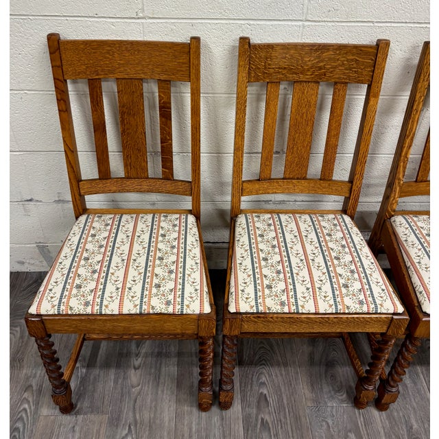 English Vintage English Style Barley Twist Tiger Oak Pub Dining Chairs - Set of 4 For Sale - Image 3 of 13