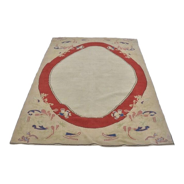 Vintage Turkish Oushak Area Rug With Bold Red Oval Medallion and Cream Field For Sale
