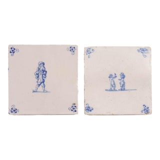 Pair of Delft Double Figure Faience Tiles in Cobalt Blue, C. 1600’s For Sale