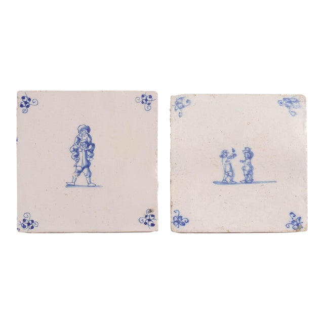 Pair of Delft Double Figure Faience Tiles in Cobalt Blue, C. 1600’s For Sale