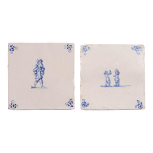 Pair of Delft Double Figure Faience Tiles in Cobalt Blue, C. 1600’s