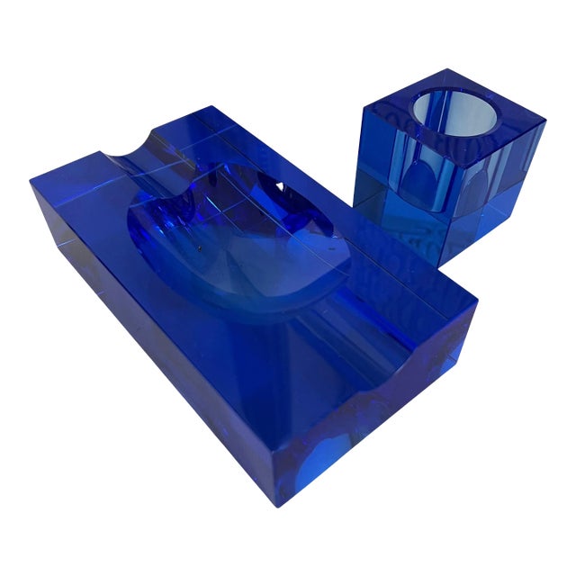 Mid 20th Century Italian Cobalt Blue Crystal Glass Cigar Ashtray - Set of 2 For Sale