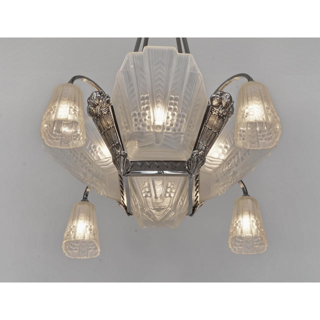 Metal French Art Deco Chandelier by Jean Gauthier 1930 France For Sale - Image 7 of 11