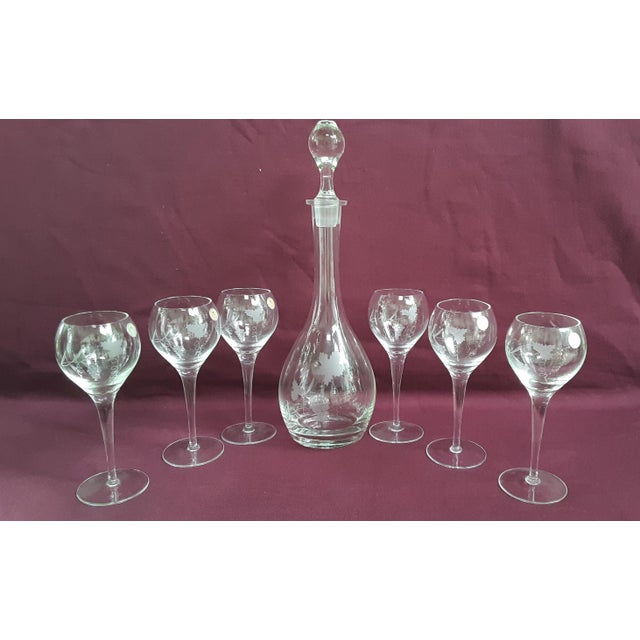 Toscany Hand Blown Etched Crystal Wine Decanter & 6 Balloon Goblet