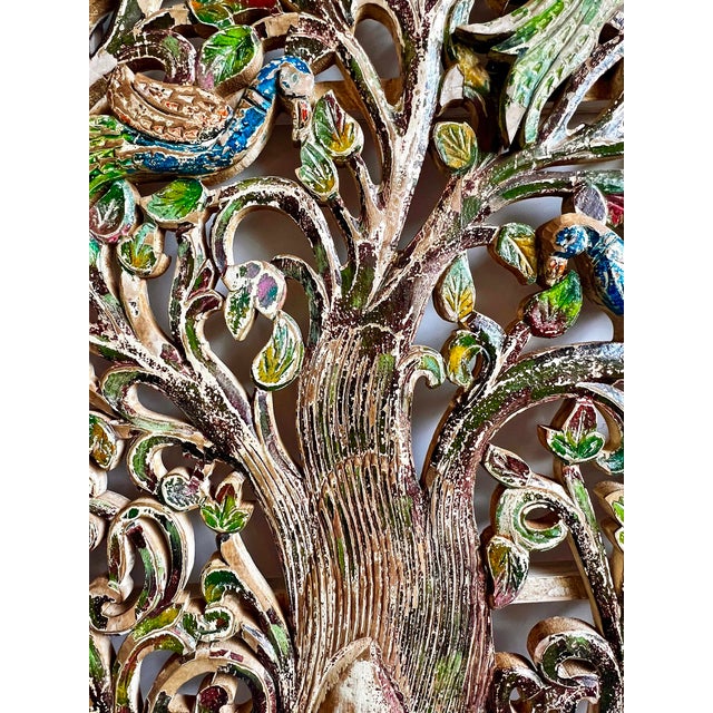 Vintage Good Luck Wood Carved Peacock Tree For Sale - Image 4 of 10