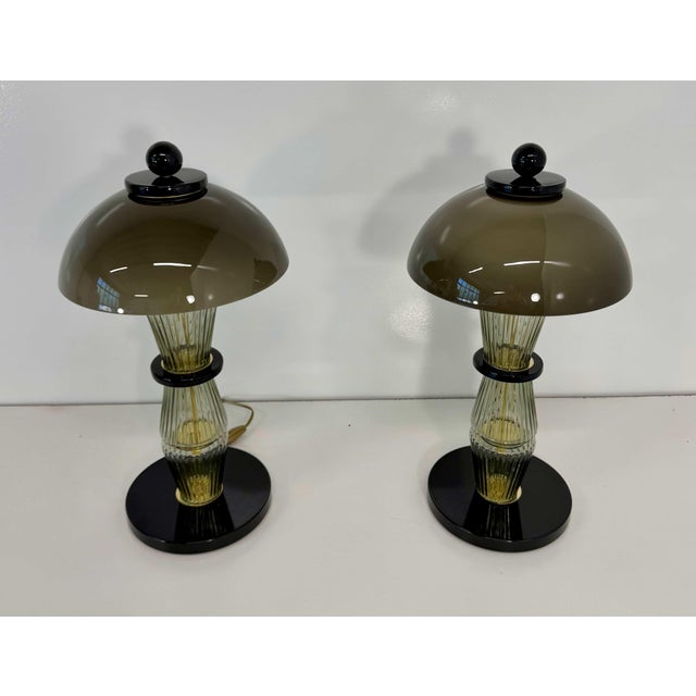 Murano Glass Table Lamps in Smoked Grey and Black Glass and Brass, 2000s, Set of 2 For Sale - Image 12 of 16