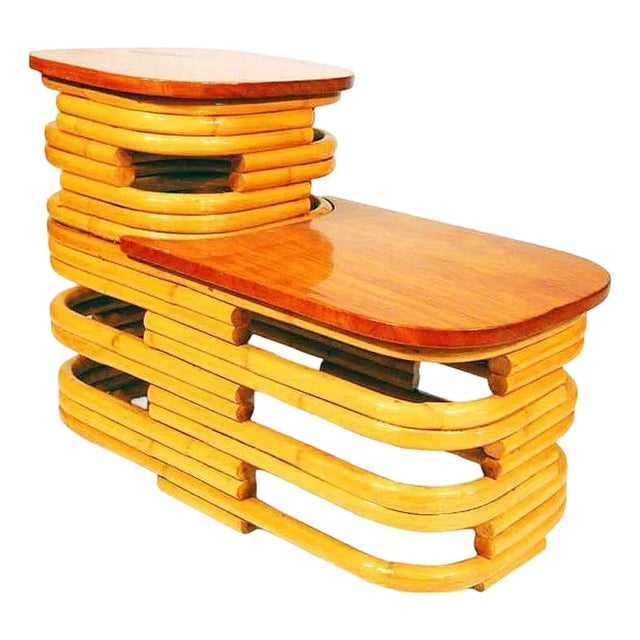 1940s Restored Stacked Rattan Two-Tier Side Table W/ Mahogany Top, 2 Available For Sale
