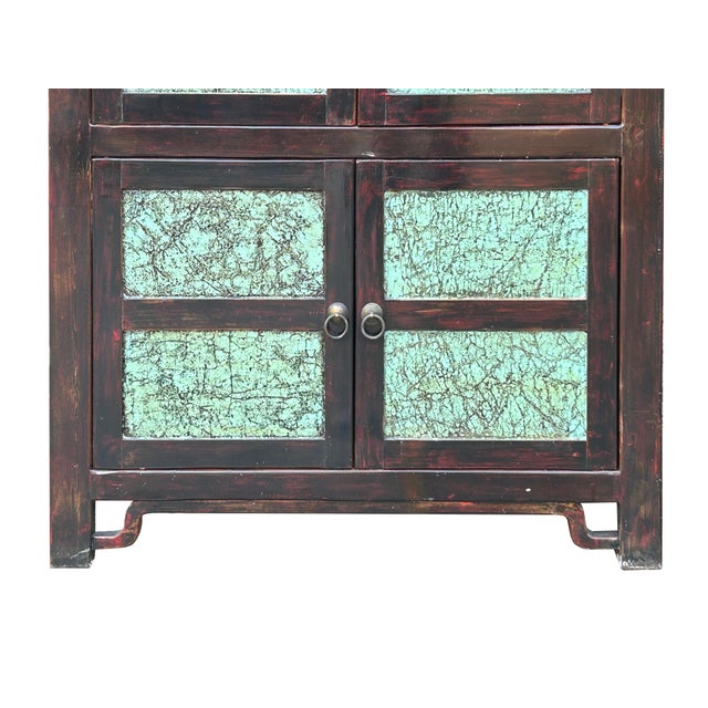 Chinese Distressed Turquoise Brown Large Armoire Wardrobe Cabinet For Sale - Image 9 of 15