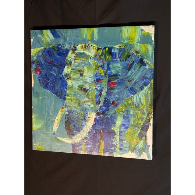 Late 20th Century Blue Teal Textured Elephant Oil Painting For Sale In Miami - Image 6 of 8