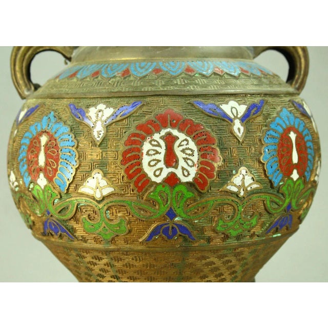 Large 12" Japanese Champleve Vase, Cast Bronze & Cloissone Enamel For Sale - Image 11 of 13