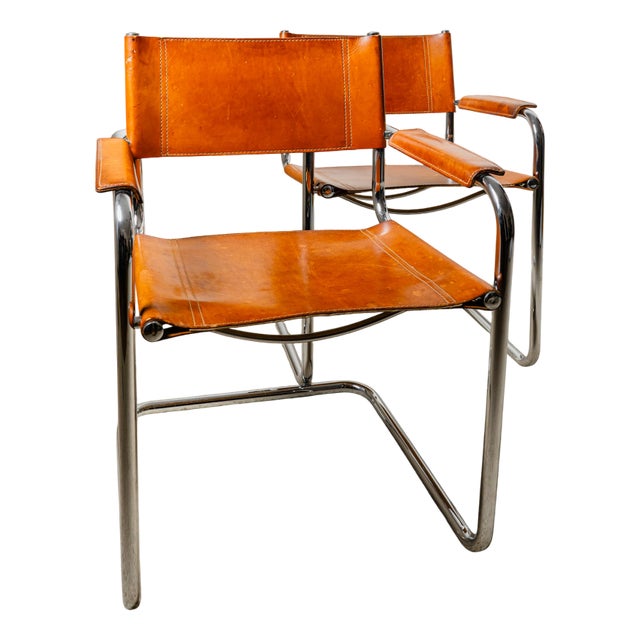 Mid-Century Modern Chairs in Cognac Brown Leather, 1970s, Set of 2 For Sale