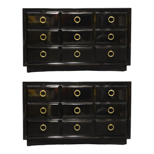 Mid 20th Century Black Lacquer Chest with Solid Brass Pulls by T.H. Robsjohn-Gibbings for Widdicomb