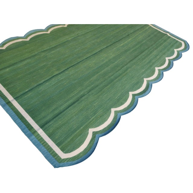 Contemporary Handmade Cotton Scalloped Rug, Forest Green With Cream and Blue Border 7'x11' For Sale - Image 3 of 10
