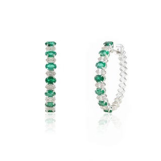 3.08ct Natural Emerald & Diamond Cluster Hoop Earrings in 18k Solid Gold- A Pair For Sale