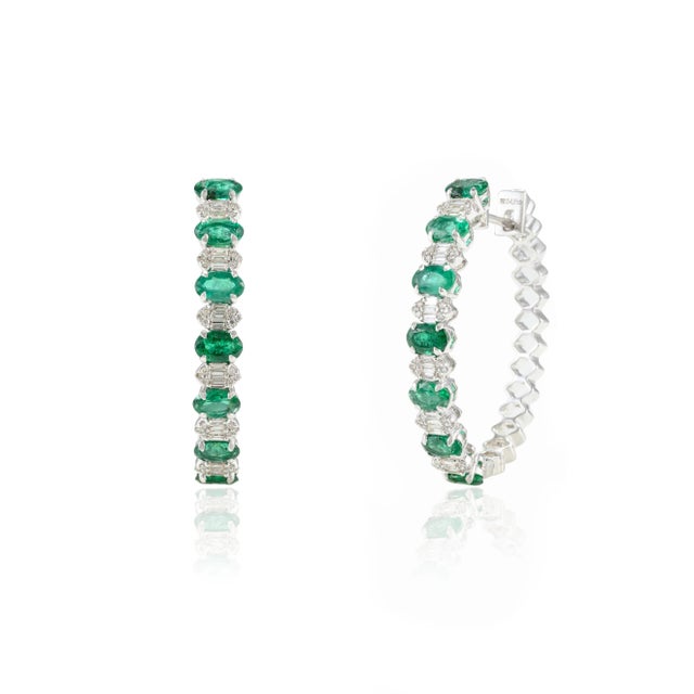 3.08ct Natural Emerald & Diamond Cluster Hoop Earrings in 18k Solid Gold- A Pair For Sale