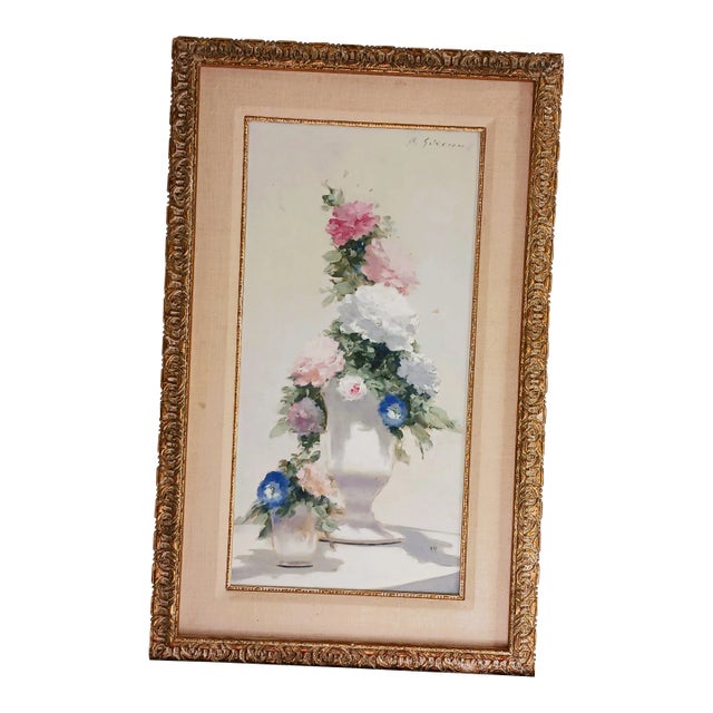 Andre Gisson Listed Vintage Floral Oil Painting Impressionist Peonies For Sale