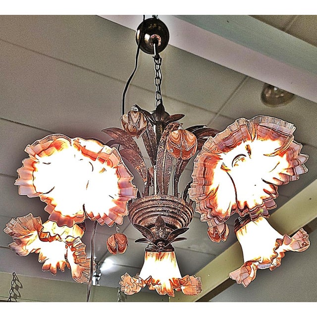 Italian Venetian Italian Metal and Blown Glass Floral Chandelier For Sale - Image 3 of 15