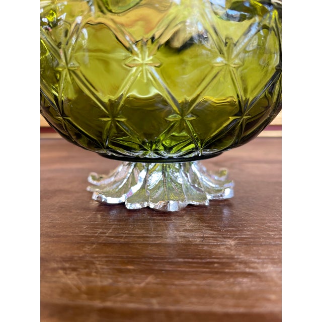 Vintage Green Pressed Glass Bowl With Scalloped Rim and Silver-Toned Floral Base. For Sale In Seattle - Image 6 of 10
