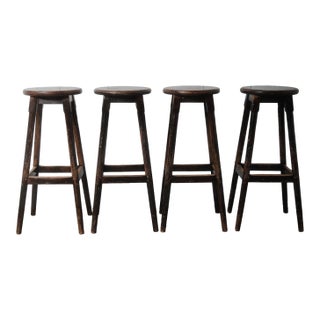 Mid 20th Century Set of 4 Vintage Wooden Bar Stools For Sale