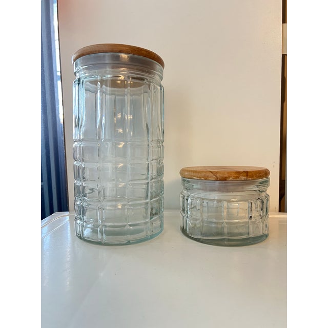 Two Glass Canisters Wood Tops For Sale In West Palm - Image 6 of 8
