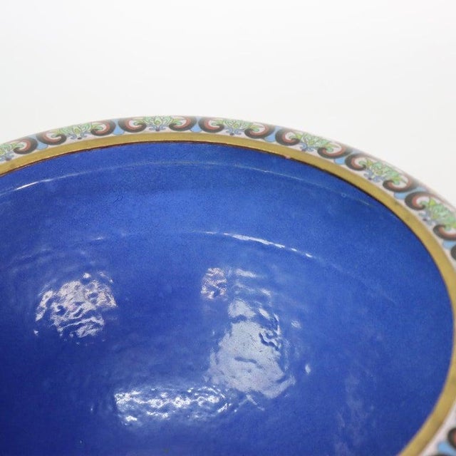 Metal Oversized Vintage Chinese Cloisonne Enameled Bowl With Floral & Pheasants 20thC For Sale - Image 7 of 11