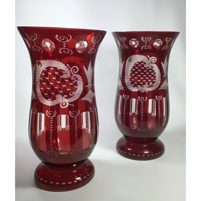 Ruby Red Vintage Bohemian Ruby to Clear Etched Glass Vases - a Pair For Sale - Image 8 of 8