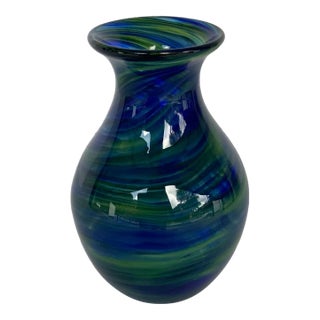 Modern Blue and Green Swirl Art Glass Vase For Sale