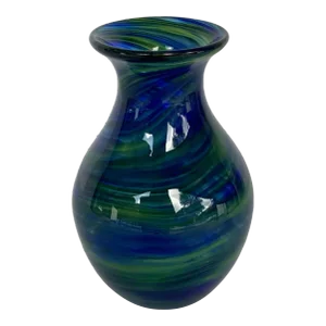 Modern Blue and Green Swirl Art Glass Vase