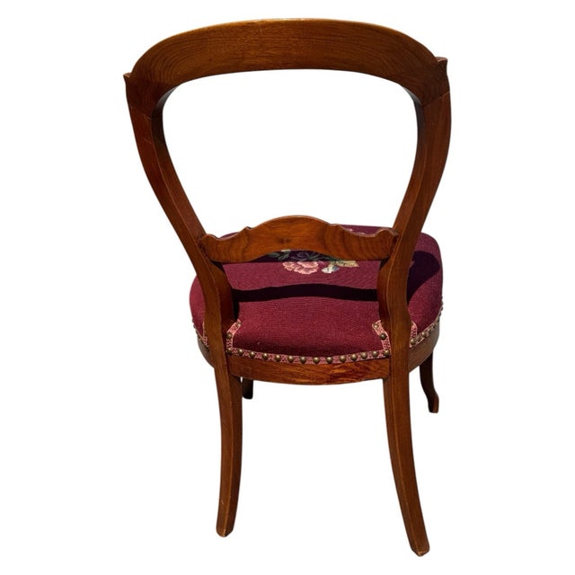 Burgundy Pair Antique C1880 Victorian Walnut Side Chairs Needlepoint French Polished For Sale - Image 8 of 18